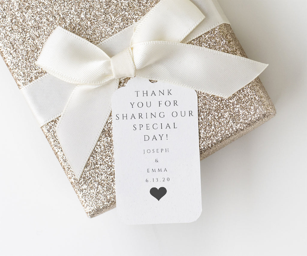 minimalist wedding rectangle vertical favor tag on a package