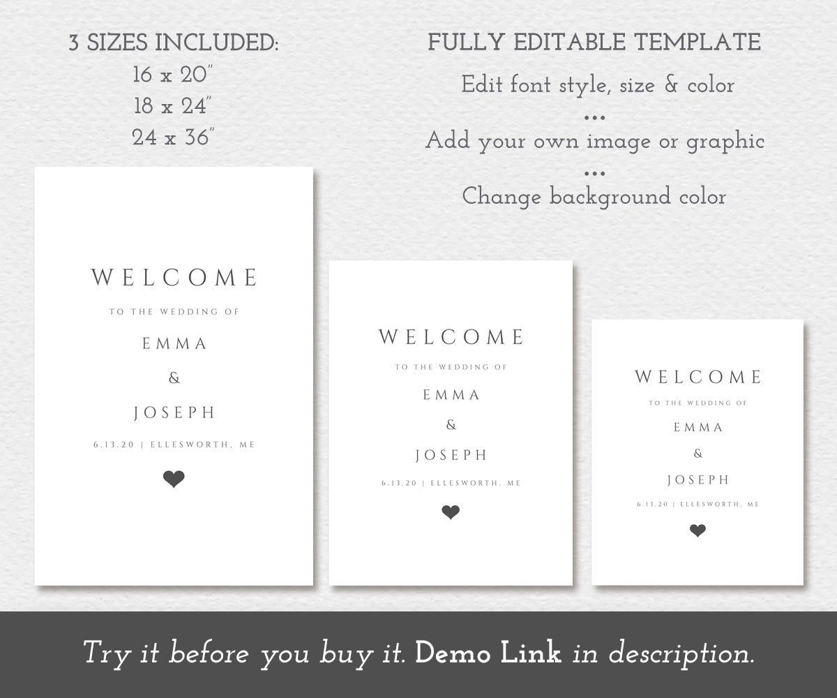 minimalist wedding welcome sign in 3 sizes, editable templates