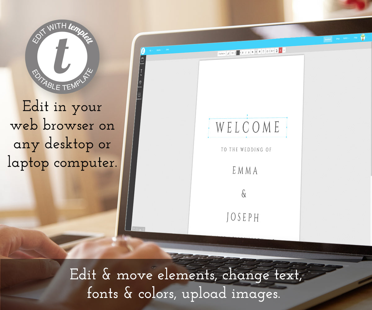 editing a minimalist wedding welcome sign on laptop computer