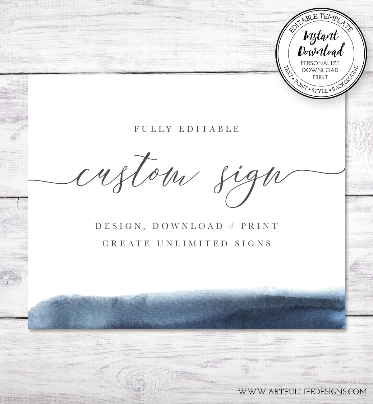modern wedding custom sign with blue watercolor accent, 10 x 8 inches, landscape orientation