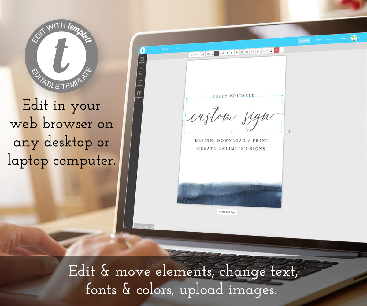 editing a modern custom wedding sign template on a laptop computer