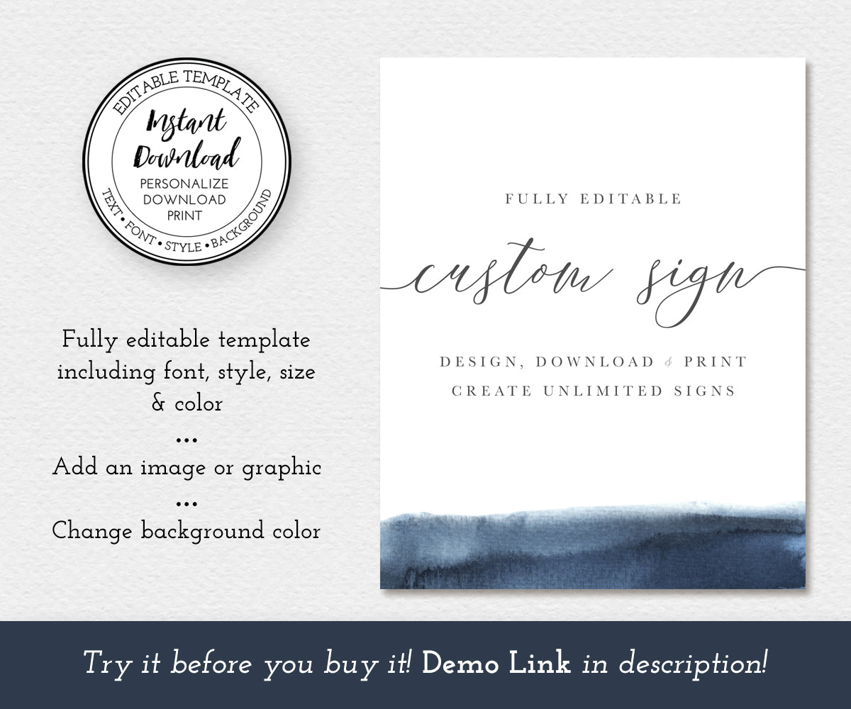 modern wedding custom sign with blue watercolor accent, 8 x 10 portrait orientation, editable template for unlimited custom signs