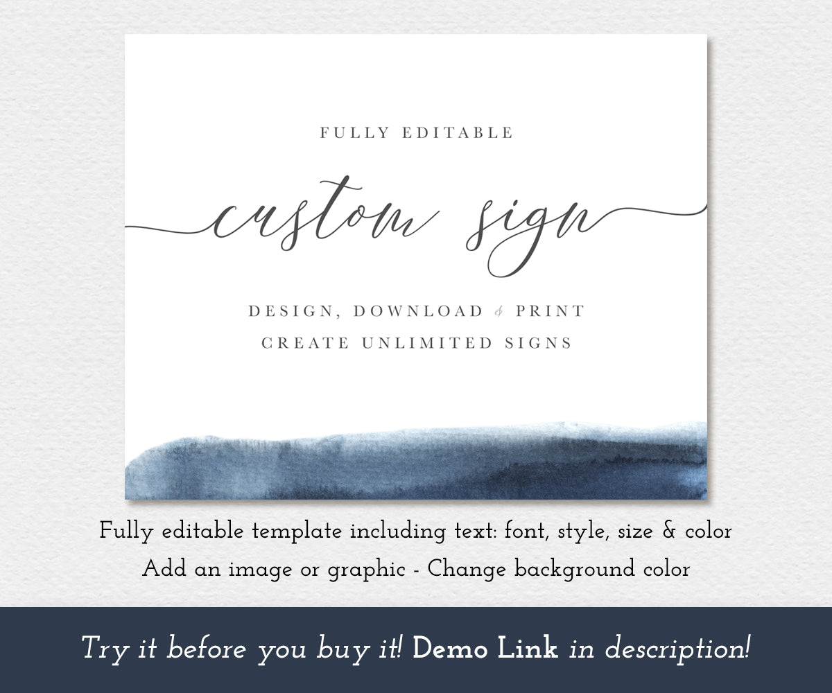 modern wedding custom sign with blue watercolor accent, 10 x 8 inches, landscape orientation, editable template to create unlimited signs