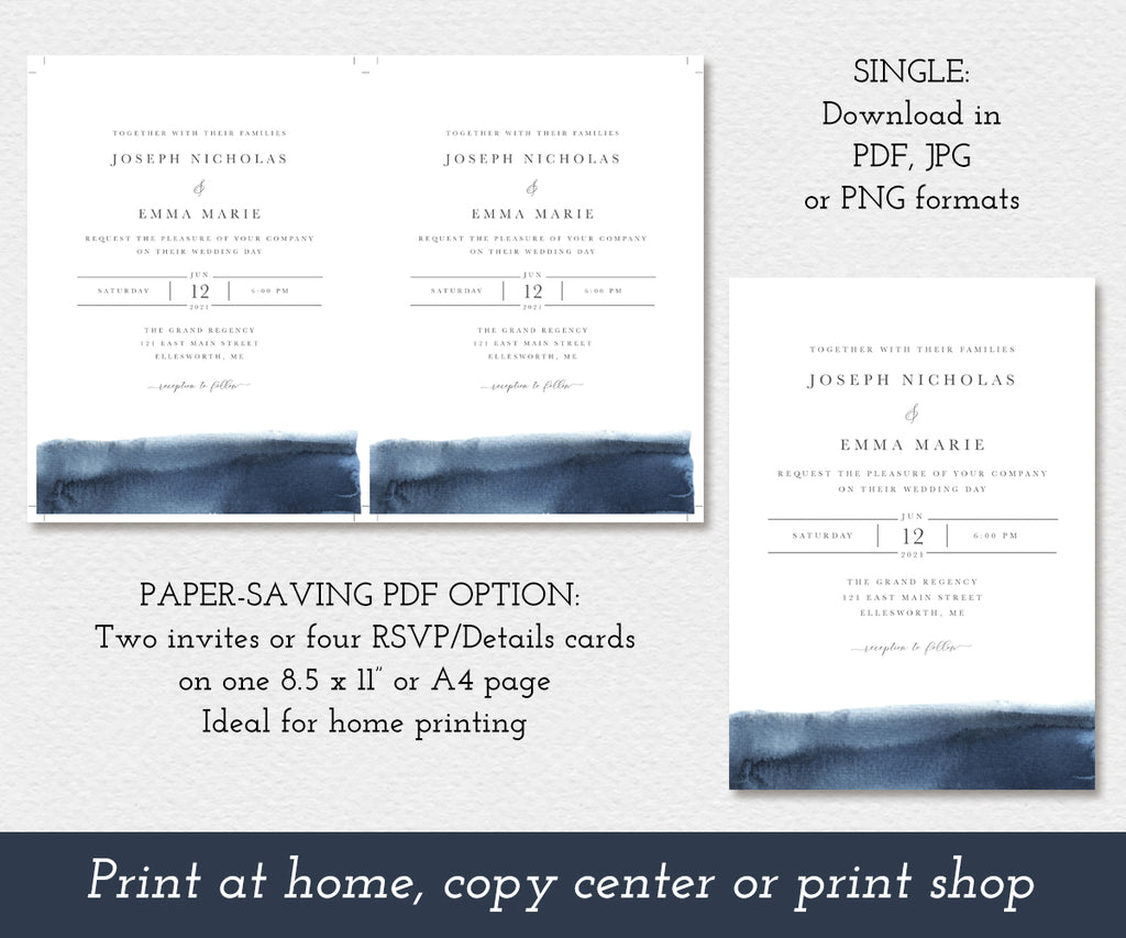 modern wedding invitation with blue watercolor wash shown two up on a page to save paper