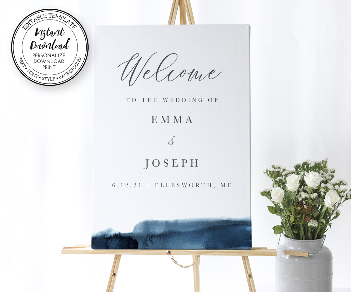 modern wedding welcome sign with blue watercolor accent, portrait orientation shown on an easel