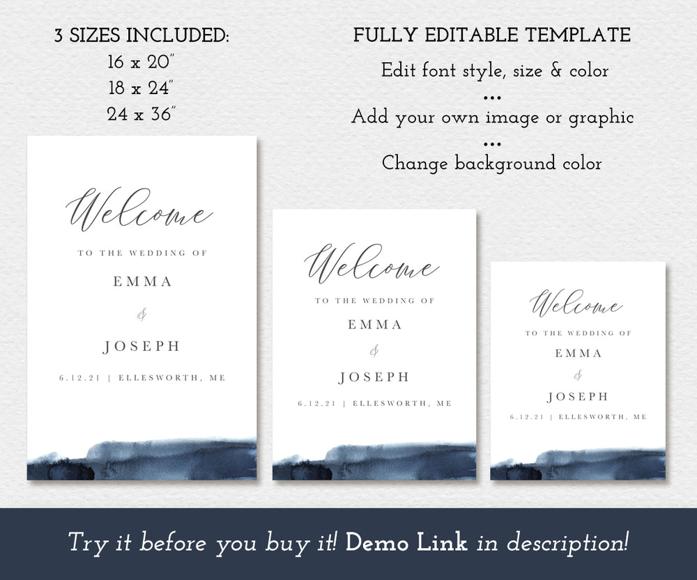 Modern Minimalist Wedding Welcome Sign Template, Blue Watercolor Accen ...