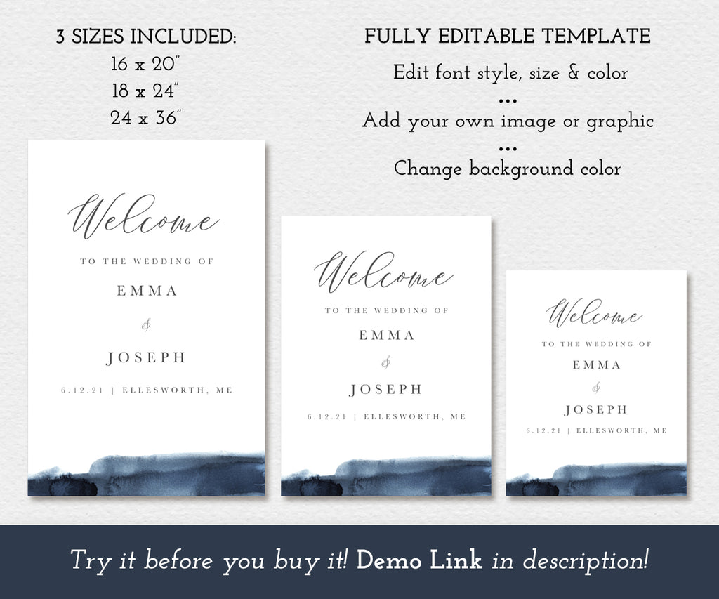 modern wedding welcome sign editable templates shown in 3 sizes
