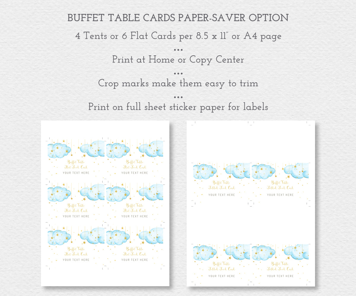 Paper saver option for buffet food cards, flat and folded, blue clouds with gold stars.