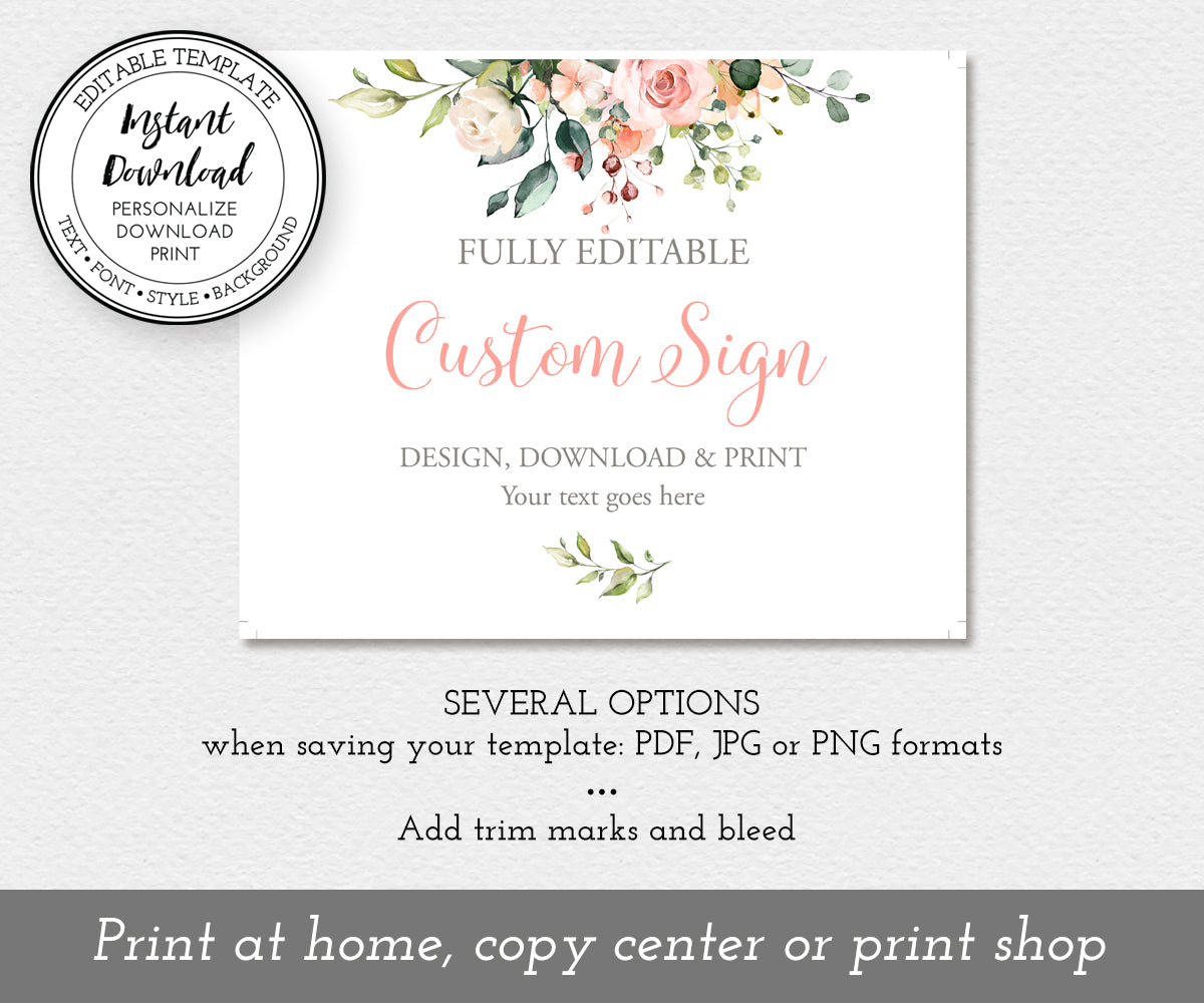pink and white floral custom wedding sign editable template download options