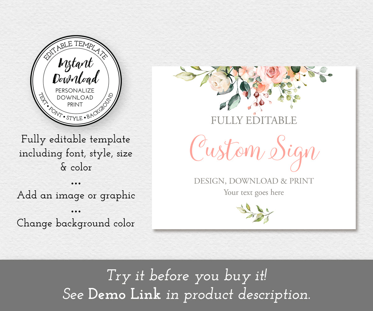 pink and white floral unlimited custom wedding sign, landscape template
