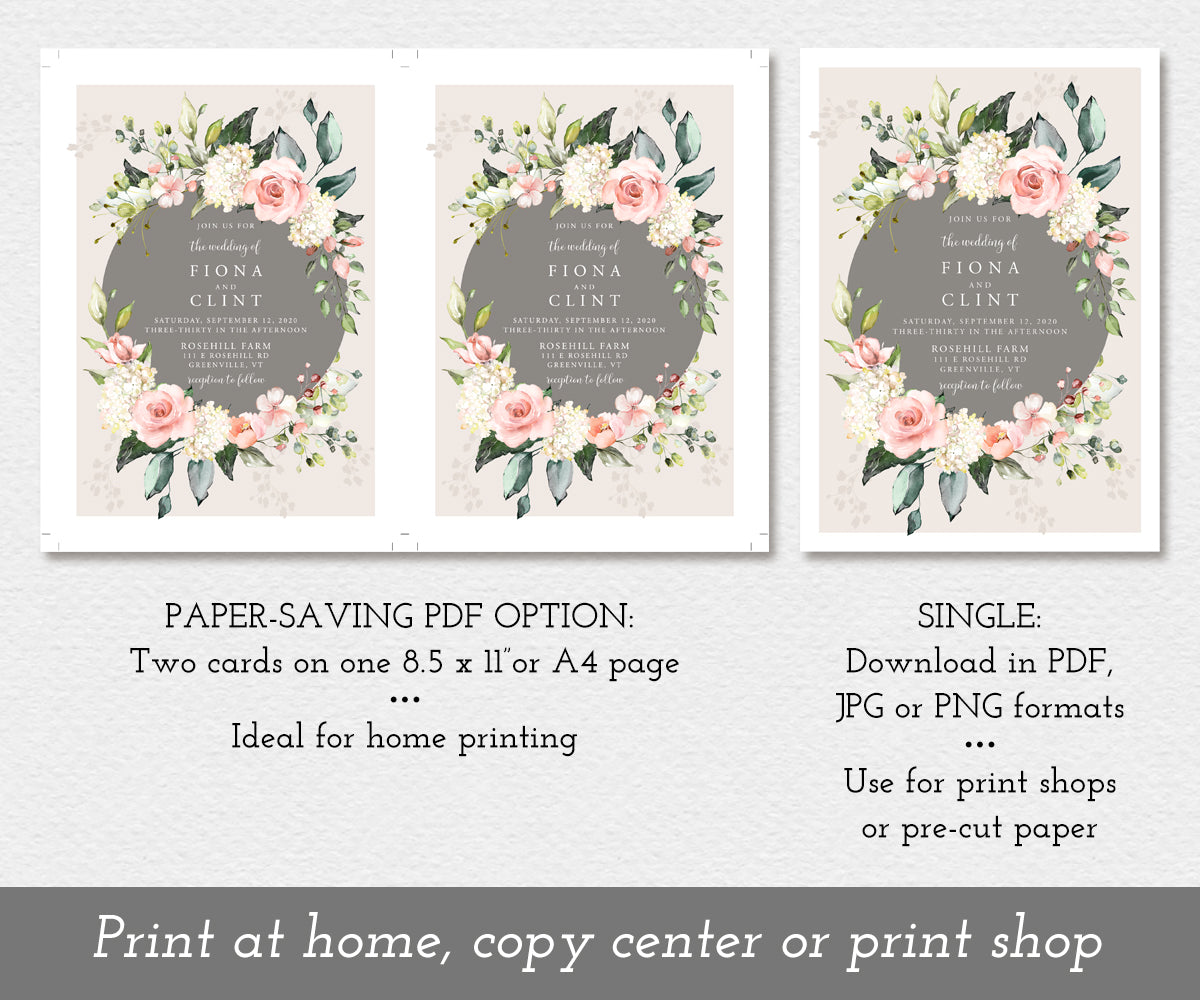 Download options for pink and white floral wedding invitation templates.