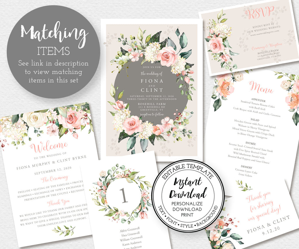 pink and white floral wedding stationery matching items