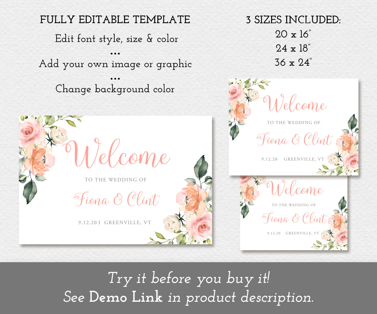 pink and white floral wedding welcome sign template in three sizes
