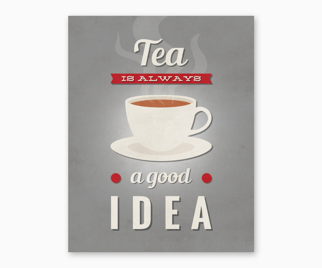 Tea Is always a good idea retro kitchen wall art printable with gray background.