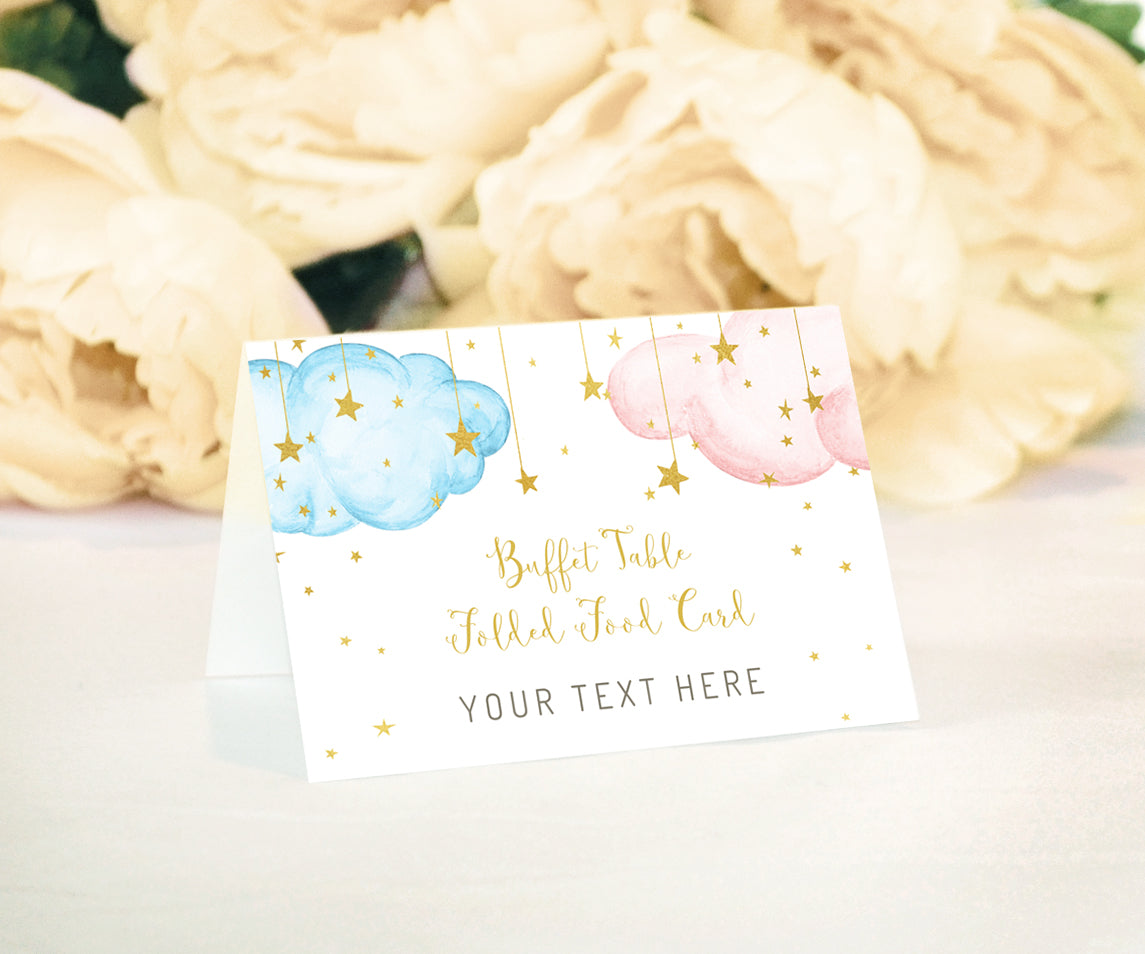 Buffet food table tent card, twinkle little star with pink and blue clouds and gold stars for gender reveal or baby shower.