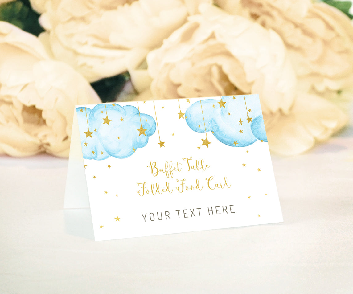 Twinkle twinkle little star, buffet folded food card, blue clouds with gold stars.