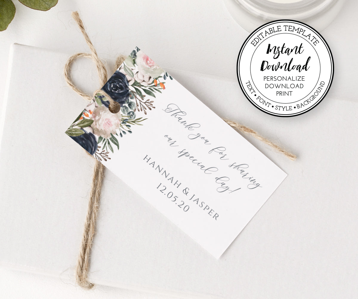 navy and white floral horizontal wedding favor tag