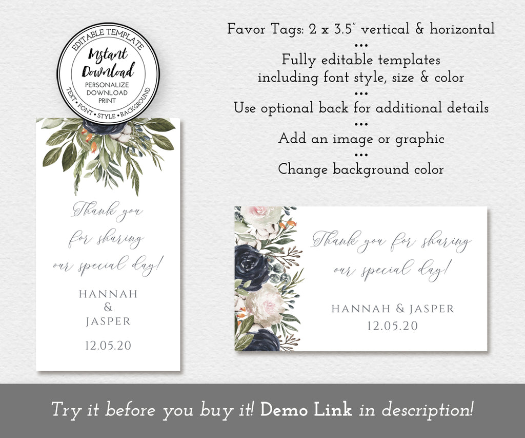 rectangular wedding favor tags, horizontal and vertical editable templates