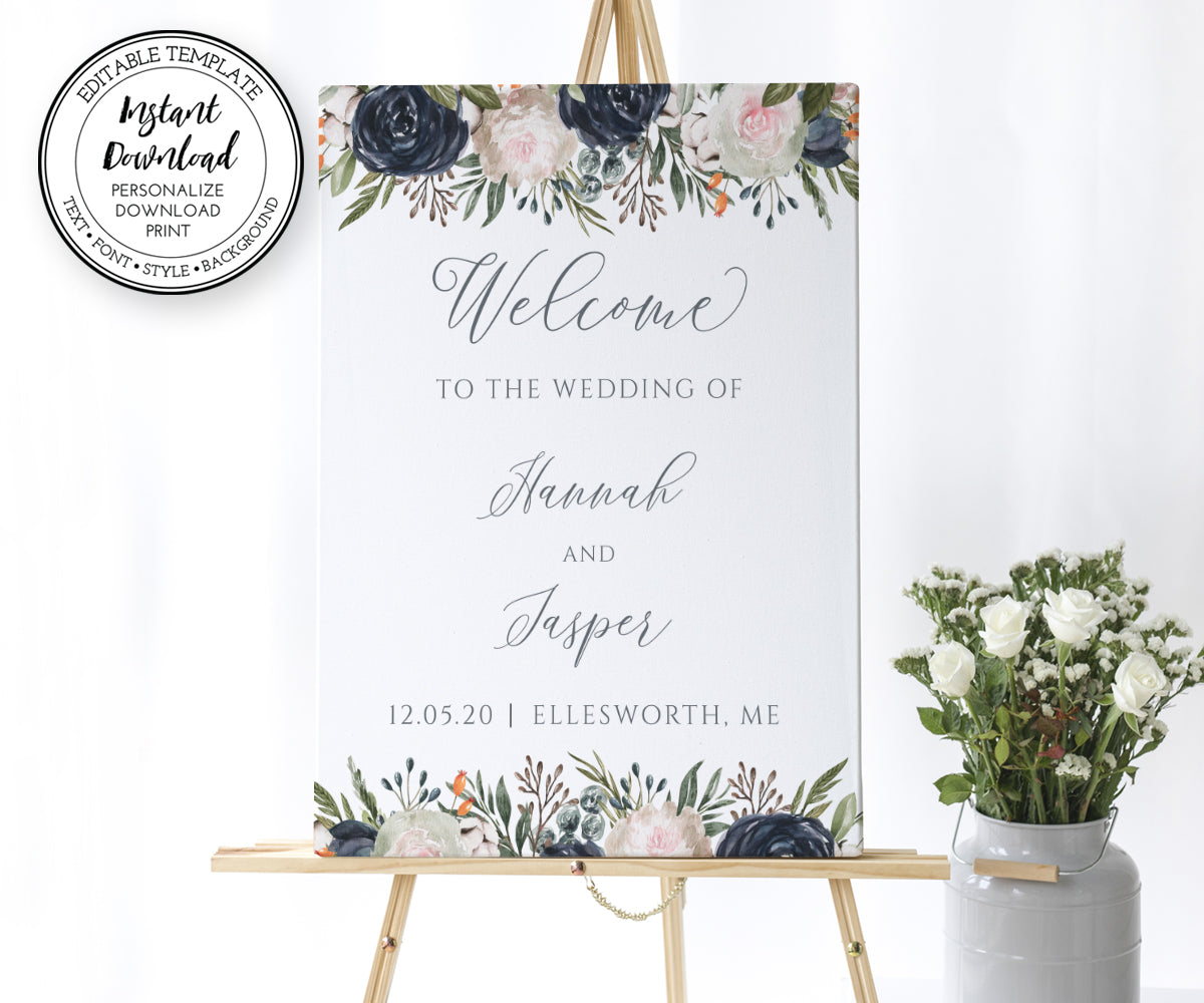 navy and white floral personalized wedding welcome sign on an easel