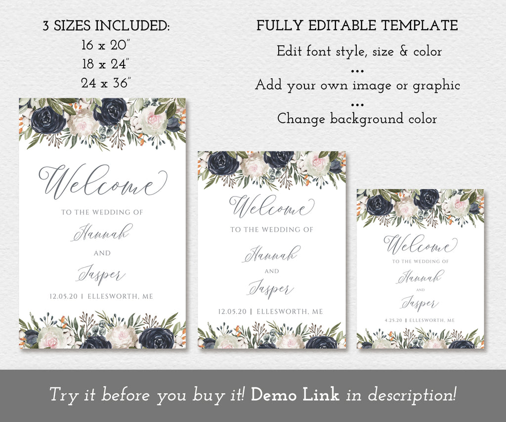 navy and white floral wedding welcome sign editable templates in 3 sizes