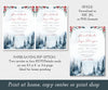 winter wedding invitation with snowy pine trees, red flowers and greenery, download options
