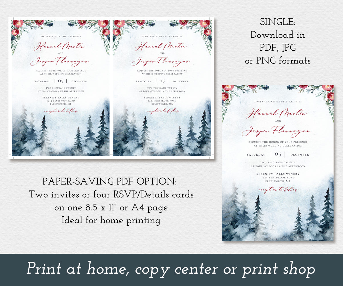 Winter wedding invitation with snowy pine trees, red flowers and greenery, download options.